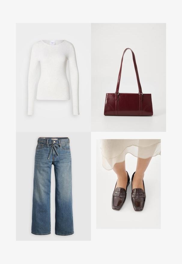 T-shirt blanc à manches longues en tissu doux et léger avec un col rond et une coupe ajustée, présentant une texture subtile.; Jeans large en denim bleu claire, avec une taille élastique à cordon de serrage, deux poches avant et un léger dégradé pour ajouter de la texture.; Mocassins en cuir marron avec une finition brillante, dotés d'un bout carré, de surpiqûres décoratives et d'un petit talon plat.; Sac à main bordeaux en matériau brillant, de forme rectangulaire, avec deux anses et des accents légèrement courbés à l'avant.