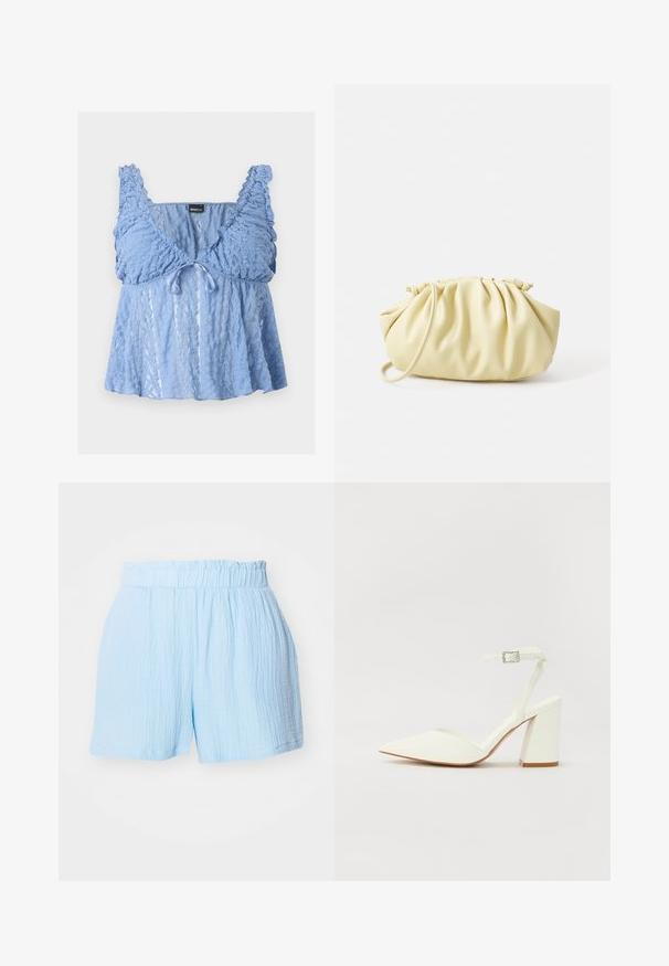 Top sin mangas de encaje azul claro con tirantes con volantes, un pequeño lazo frontal y un diseño acampanado y semi-transparente.; Pantalones cortos de tela texturizada azul claro con cintura elástica fruncida y un corte holgado.; Sandalia blanca de tacón con puntera afilada, correa ajustable en el tobillo y un tacón cuadrado grueso. Textura lisa con detalles de costura mínimos.; Bolso amarillo plisado hecho de cuero sintético suave, con una forma blanda y una sola correa para el hombro, además de un diseño de parte superior recogida.