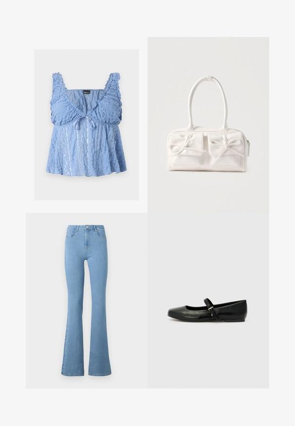 Top sin mangas de encaje azul claro con tirantes con volantes, un pequeño lazo frontal y un diseño acampanado y semi-transparente.; Jeans de mezclilla de tiro alto en un azul claro, con piernas acampanadas, cinco bolsillos, cremallera frontal y cierre de botón metálico.; Bailarinas de cuero negro con punta redondeada, suela plana y una delgada correa ajustable en el empeine que cuenta con una hebilla de metal.; Bolso sintético blanco con dos bolsillos delanteros, cada uno con un detalle de lazo atado. Textura suave, asas redondeadas y cierre de cremallera.