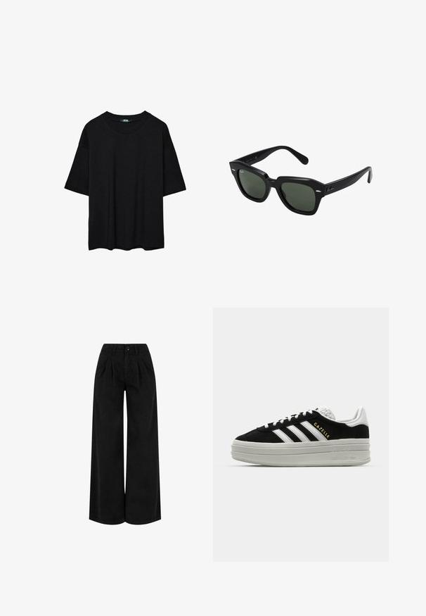 Sort oversized t-shirt med korte ærmer, rund halsudskæring og afslappet pasform, vist på en ensfarvet hvid baggrund.; Sorte bukser med høj talje og vide ben med forreste plisseringer, knaplukning og bæltestropper, vist mod en hvid baggrund.; Sort ruskind sneaker med hvide læderdetaljer, tre hvide striber, flade snørebånd og en tyk grå platformsål. Guldfarvet "Gazelle" branding.; Sorte firkantede solbriller med mørkegrønne linser, der har kraftige stel og sølvdetaljer på siderne. Fremstillet i Italien.