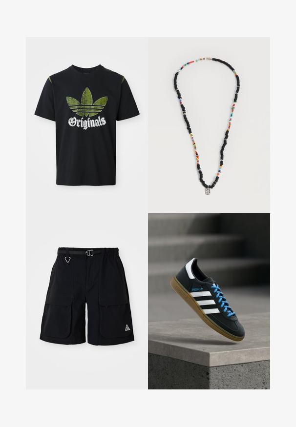 Sort bomulds T-shirt med et slidt grønt grafik med tre striber og ordet "Originals" nedenfor i hvidt, rund halsudskæring, korte ærmer.; Sorte cargo shorts med elastisk talje, integreret bælte, store sidelommer og trekantet ACG-logo på højre ben.; Sort Adidas sneaker med hvide striber, blå snørebånd og gummisål, der svæver over gråt betontrin i blødt lys.; Halskæde med vekslende sorte og flerfarvede perler, med små sølvringe og en rektangulær klar perlevedhæng.