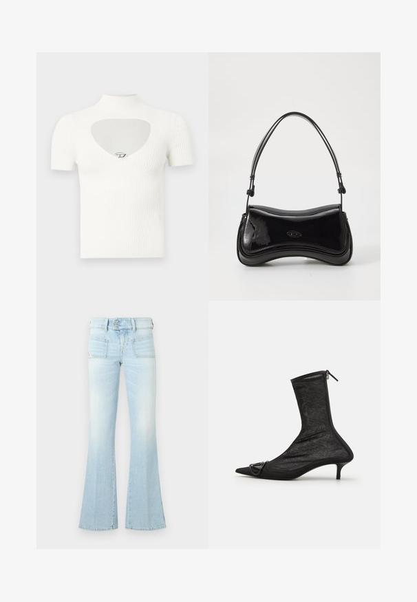 Hvid ribbet top med korte ærmer, høj krave og hjerteformet udskæring på brystet med en sølvfarvet detalje i midten.; Lyseblå flagrende jeans i falmet denim med to forlommer, en lukket talje og kontrastsyede detaljer. Glat tekstur.; Sorte mesh ankelstøvler med spidse tæer, lynlås og en lille hæl. Har en dekorativ spændeaccent nær tåområdet.; Sort patentlæder håndtaske med en buet form, et enkelt håndtag og en rund bund. Har en subtil logo-detalje på forsiden.