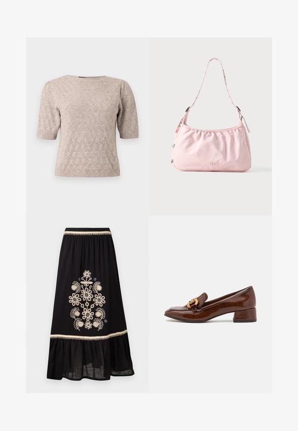 Haut en maille beige clair à manches courtes avec un motif texturé subtil, col rond et ourlets côtelés aux manches et à la taille.; Jupe noire avec broderie florale en crème et marine. Dispose d'une taille élastique et d'un ourlet volanté. Fabriquée en tissu léger.; Mocassins en cuir marron avec une finition brillante, dotés d'une boucle décorative en or à l'avant et d'un talon bas. Design classique.; Sac à épaule rose clair avec bandoulière réglable, bord supérieur froncé, fermeture éclair et petit logo embossé au centre devant.