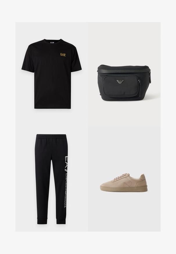 Schwarzes Baumwoll-T-Shirt mit kurzen Ärmeln, ausgestattet mit einem kleinen gelben gestickten Logo im linken Brustbereich. Klassisches Crew-Hals-Design.; Schwarze Sweatpants aus Baumwollmischung mit elastischem Taillenbund, schmal zulaufenden Beinen, gerippten Bündchen und weißem Logo-Druck entlang der Seite.; Beigem Leder Sneaker mit flachen Schnürsenkeln, glatter Oberfläche und strukturiertem Gummisohle. Seitenteilnaht und runde Zehendesign.; Schwarze Bauchtasche mit Frontreißverschlusstasche und silbernem Adlerlogo, glattes Gewebe mit strukturiertem Besatz und Reißverschlussanhängern.