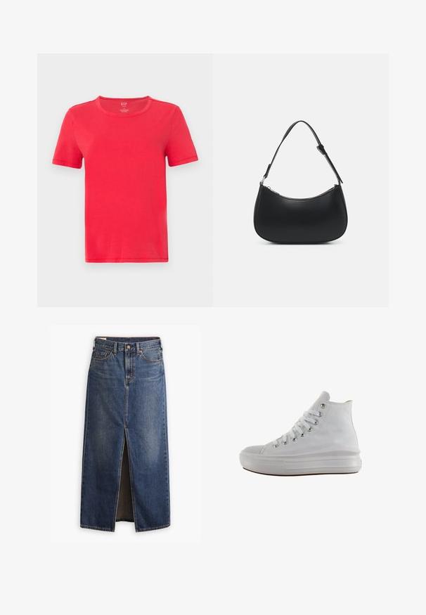 T-shirt rouge à manches courtes en coton. Il présente un col rond classique et un design simple sans motifs ni accents.; Levi's® Jupe longue - wave hello; Baskets montantes en toile blanche avec lacets blancs, œillets métalliques, semelle épaisse en caoutchouc et bout texturé, orientées vers la gauche sur fond blanc.; Pieces PCALUANA SHOULDER BAG - Sac à main - black
