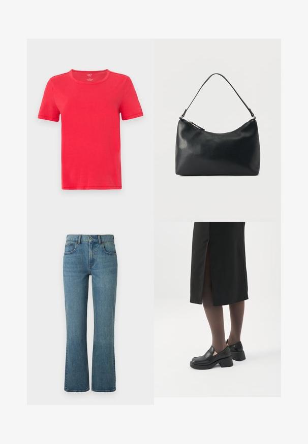 T-shirt rouge à manches courtes en coton. Il présente un col rond classique et un design simple sans motifs ni accents.; Jeans évasés bleu clair en denim, dotés de cinq poches, d'une fermeture à bouton à l'avant et d'un léger dégradé pour la texture.; Femme portant des mocassins noirs à talons épais, des collants noirs transparents et une jupe noire fendue à l'arrière sur fond blanc.; Sac bandoulière en cuir noir texturé avec fermeture éclair incurvée en haut et une seule sangle ajustable sur fond uni.