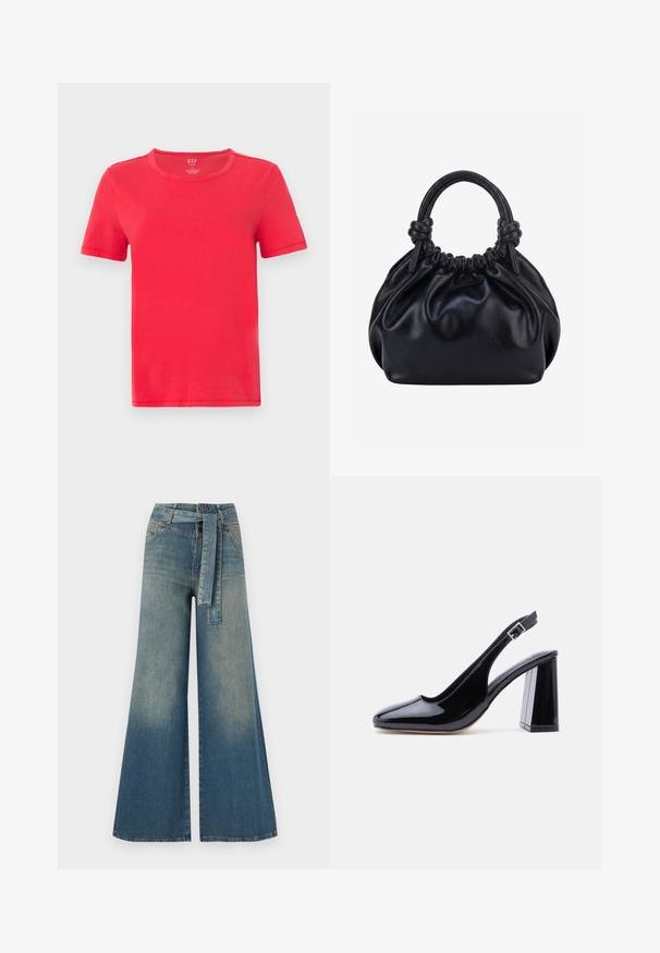 Camiseta roja de manga corta hecha de algodón. Presenta un cuello redondo clásico y un diseño sencillo sin patrones ni detalles.; Pantalones de mezclilla de pierna ancha con un degradado de azul claro a oscuro, cintura alta, trabillas para cinturón y un cinturón de tela a juego. Acabado de mezclilla texturizada.; Zapato slingback de charol negro con puntera redondeada, correa ajustable con hebilla y tacón grueso de bloque sobre fondo blanco.; Bolso de mano de cuero negro suave con parte superior fruncida y dos asas gruesas atadas en nudos sobre un fondo claro y liso.