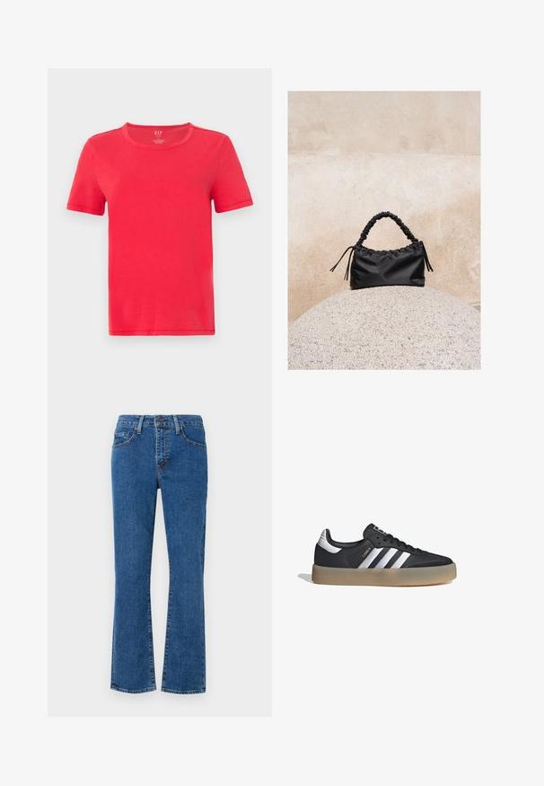 Camiseta roja de manga corta hecha de algodón. Presenta un cuello redondo clásico y un diseño sencillo sin patrones ni detalles.; Jeans de mezclilla azul claro con corte recto, diseño de cinco bolsillos y detalles de costura. La tela tiene textura con un ligero desvanecimiento.; Zapatilla deportiva de cuero negro con tres rayas plateadas, punta texturizada y suela de goma. Cuenta con un collar acolchado y un diseño con cordones.; Bolso negro fruncido con asa recogida, apoyado sobre una esfera de piedra texturizada frente a una pared de hormigón beige.