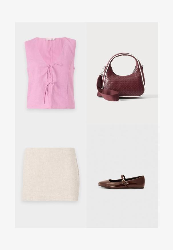 Pink linned sansærmet top med V-hals og justerbar bindingsløsning. Har en afslappet pasform og glat tekstur. Mærket synligt ved halsudskæringen.; Beige linnedyr med et minimalistisk design, der har en glat tekstur og en subtil vævning. Det har en lige, simpel skæring uden synlige lukninger.; Brun patentlæder balletflade med firkantet tå og strop med en lille guldbuckle. Glat tekstur, lav hæl og minimalistisk design.; Mørkerød vævet lædertaske med buet hank, hvid kant, sølv lynlås og aftagelig bred stofskulderrem mod en ensfarvet baggrund.