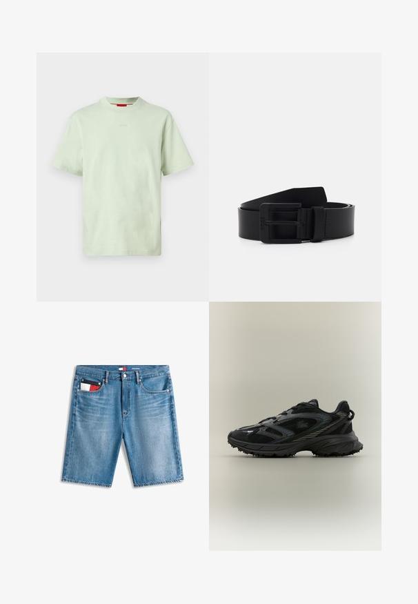 Hellgrünes T-Shirt mit kurzen Ärmeln und Rundhalsausschnitt, mit kleinem Brustlogo und rotem Innenetikett am Kragen, auf einem einfarbigen Hintergrund dargestellt.; Jeansshorts mit fünf Taschen, einem vorderen Knopf und Reißverschluss, ausgewaschener Waschung und einem kleinen roten, weißen und schwarzen Reißverschlussbeutel in der vorderen linken Tasche.; Schwarzer Sportschuh mit Netz панели, einer strukturierten Sohle, Schnürsenkeln und einer geschwungenen Silhouette mit silbernen Akzenten an den Seiten.; Schwarzer Leder Gürtel mit matter Oberfläche, ausgestattet mit einer rechteckigen Metallschnalle und glatter Textur. Einfaches Design ohne Muster oder Akzente.
