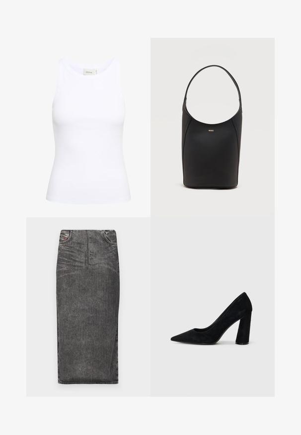 Weißes, geripptes Tanktop mit Rundhalsausschnitt und ohne Ärmel. Elastisches Material und figurbetontes Design. Das Etikett auf der Rückseite trägt die Aufschrift "GESTUZ."; Grauer Denim-Midi-Rock mit vertikalen Nadelstreifen, hoher Taillenbund, Fünf-Taschen-Design und einem sauberen Saum.; Schwarze Wildleder-Pumps mit hohen Absätzen, spitzem Schuhkopf und klobigem Absatz. Elegantes Design, glatte Textur und minimalistischer Stil. Keine sichtbare Markenkennzeichnung.; Schwarze Leder-Bucket-Bag mit einem einzelnen Schulterriemen und kleinem goldfarbenem BOSS-Logo, zentriert nahe der oberen Vorderseite.
