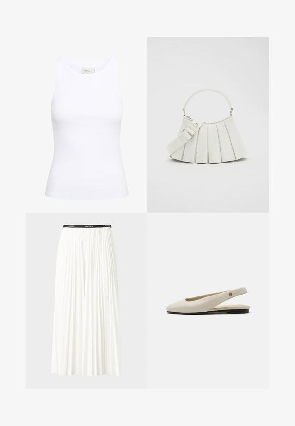Débardeur blanc côtelé avec un col rond et sans manches. Tissu extensible et design ajusté. Étiquette au dos indiquant "GESTUZ."; Jupe plissée blanche avec une taille élastique noire portant le logo "LACOSTE". Design mi-long avec une texture douce.; Chaussure plate slingback en cuir couleur crème avec un bout arrondi et un petit emblème doré sur la bride.; Lacoste LENGLEN BAG - Sac à main - cristalline