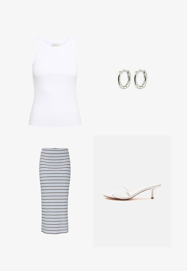 Hvid ribbet tanktop med rund halsudskæring og uden ærmer. Strækbart stof og tætsiddende design. Etiketten bagpå viser "GESTUZ."; Stribet blyantskirt i lysblå, med lodrette striber i sort og brun. Fremstillet af ribbet stof med en tætsiddende silhuet.; Hvid mule med åben tå, med en tynd klar rem foran og en lav kittenhæl på en ensfarvet overflade.; Sølv hoops øreringe med en glat, shiny finish. Rundet form med en sikker lukning. Minimalistisk design med en subtil twist-detalje.