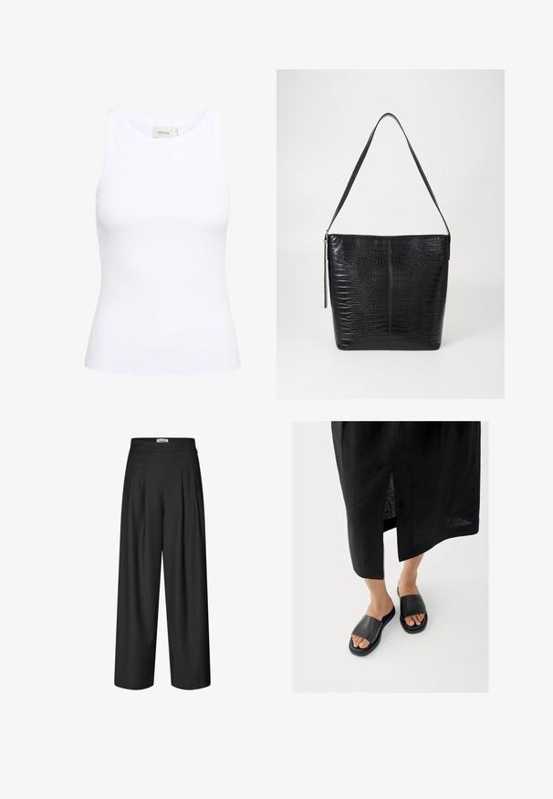 Hvid ribbet tanktop med rund halsudskæring og uden ærmer. Strækbart stof og tætsiddende design. Etiketten bagpå viser "GESTUZ."; Sorte, vide benbukser med plisseret front og en glat talje, designet til en afslappet og stilfuld pasform.; Sorte slidssandaler med bred rem, flad sål og minimalistisk design. Materialet virker glat med en mat finish.; Sort håndtaske i krokodillepræget læder med flad krop, justerbar rem og lynlåslukning. Glat tekstur med struktureret form.