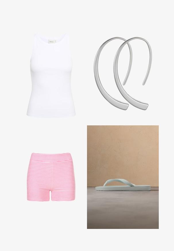 Hvid ribbet tanktop med rund halsudskæring og uden ærmer. Strækbart stof og tætsiddende design. Etiketten bagpå viser "GESTUZ."; Lyserøde og hvide stribede shorts lavet af blødt stof. Har et tætsiddende design og en glat talje med ingen ekstra detaljer eller hardware.; Enkel lysebeige gummiflipflop med tekstureret fodseng og Y-formet rem mod en ensfarvet grå baggrund.; Sølvfarvede metal hoops øreringe med en glat, blank overflade og buet halvmåneform, der har et minimalistisk design uden synlige mønstre.