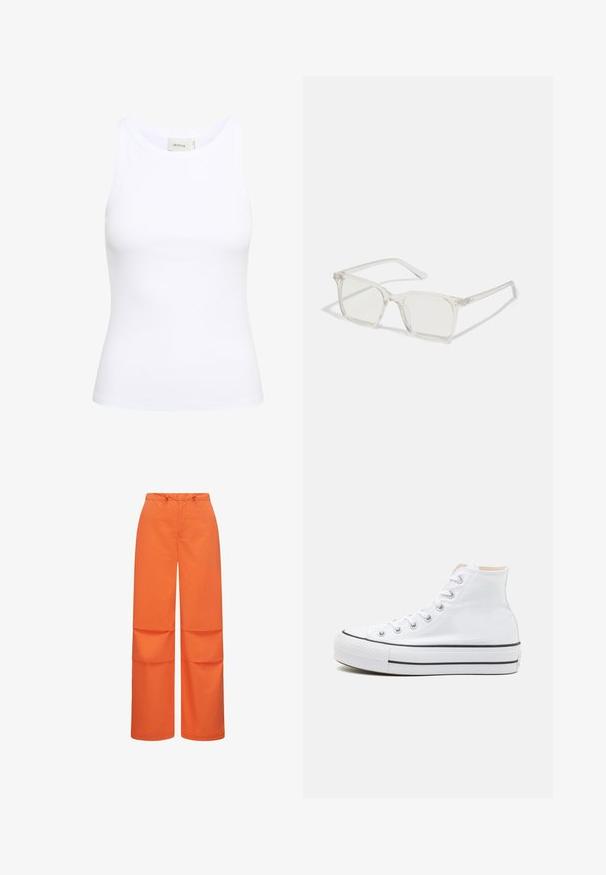 Top sin mangas de canalé blanco con escote redondo. Tejido elástico y diseño ajustado. La etiqueta en la parte posterior dice "GESTUZ."; Pantalones de pierna ancha hechos de una tela suave y naranja. Cuentan con una cintura con cordón y dos grandes bolsillos cosidos a los lados.; Zapatillas altas blancas de material de lienzo, con suela de goma negra y una franja negra en el mediopie. Punta circular y diseño de cordones.; Gafas cuadradas de plástico transparente con lentes translúcidos, que cuentan con acentos dorados en las patillas para un detalle adicional.