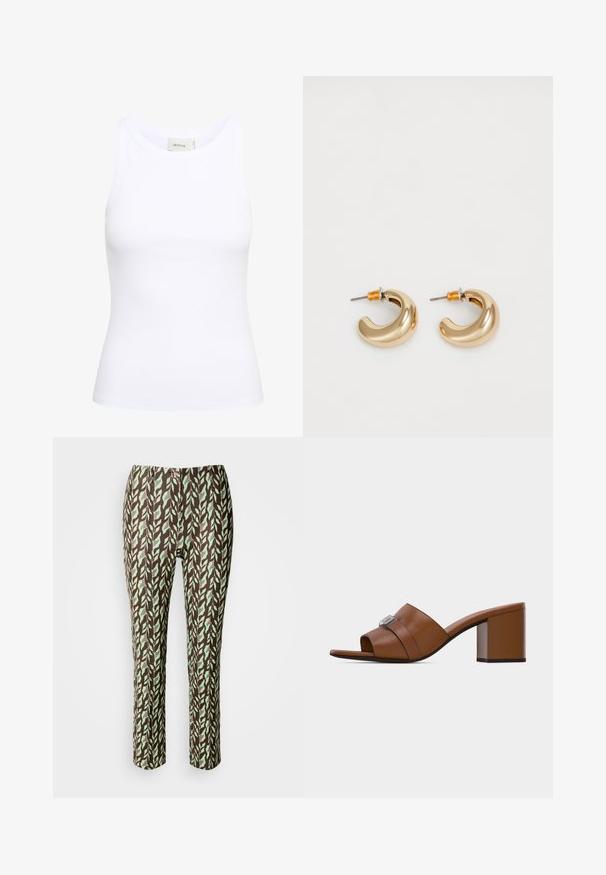 Top sin mangas de canalé blanco con escote redondo. Tejido elástico y diseño ajustado. La etiqueta en la parte posterior dice "GESTUZ."; Pantalones de color marrón y verde con un diseño de hojas, de corte ajustado, con una textura suave y sin cremalleras ni bolsillos visibles.; Mule abierto de cuero marrón con hebilla cuadrada plateada y tacón bloque medio grueso sobre fondo blanco liso.; Dos pendientes de aro dorados brillantes en un diseño curvado, con acentos naranjas cerca del poste, sobre un fondo blanco liso.