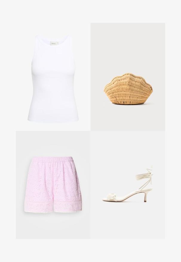 Débardeur blanc côtelé avec un col rond et sans manches. Tissu extensible et design ajusté. Étiquette au dos indiquant "GESTUZ."; Shorts en coton rose avec design floral brodé, taille élastique et bord en dentelle. Tissu léger et respirant.; Sandale à talon bas de couleur crème avec des liens à nouer autour de la cheville et une large bride torsadée sur les orteils, sur un fond blanc uni.; Sac à main en rotin tissé en forme de coquille Saint-Jacques de couleur brun clair naturel avec des bords arrondis et texturés.