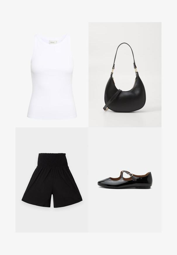Débardeur blanc côtelé avec un col rond et sans manches. Tissu extensible et design ajusté. Étiquette au dos indiquant "GESTUZ."; Shorts noirs taille haute avec une large ceinture élastique froncée et des jambes larges et fluides.; Chaussure plate Mary Jane en cuir verni noir avec deux découpes et une bride à boucle dorée sur fond blanc.; Sac à main en cuir noir avec une forme courbée, doté d'une fermeture à glissière en haut, d'une courte poignée et d'une bandoulière amovible. Accent en métal doré.