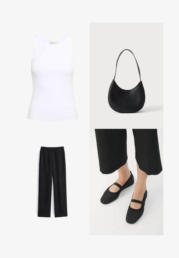 Weißes, geripptes Tanktop mit Rundhalsausschnitt und ohne Ärmel. Elastisches Material und figurbetontes Design. Das Etikett auf der Rückseite trägt die Aufschrift "GESTUZ."; Schwarze weite Hose aus glattem Stoff mit elastischem Bund und ohne sichtbare Taschen. Gerade Form mit sauberem Finish.; Schwarze Ballerinas aus glattem Material, mit runder Spitze und einem kontrastierenden Riemen über dem Rist. Flache Sohle, minimalistisches Design.; Schwarze Leder-Schultertasche in halbmondförmigem Design mit einem einzelnen Trageriemen und dezent geprägtem Markennamen auf einfarbig hellem Hintergrund.