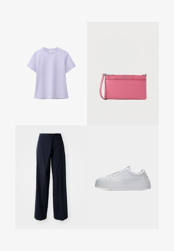 Hellviolettes kurzärmeliges Baumwoll-T-Shirt mit Rundhalsausschnitt und lockerem Sitz, dargestellt vor weißem Hintergrund.; Marineblaue weite Hosen mit Wickeldesign, glattem Stoff, hoher Taille und einem einzelnen Knopfverschluss vorne.; Weißer Sneaker mit niedrigem Schnitt, dicker Plateau-Sohle, Schnürdesign und glattem Lederfinish, dargestellt vor einem einfarbigen hellen Hintergrund.; Rosa Leder-Clutch mit strukturierter Oberfläche, ausgestattet mit einem Reißverschluss und einem Handgelenksriemen. Auf der Vorderseite befindet sich ein silbernes Logo.