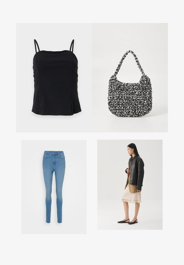 Top noir sans manches avec fines bretelles doubles et encolure carrée, tissu uni, présenté sur un fond clair.; Jeans en denim bleu skinny à taille haute, avec des poches avant et une fermeture éclair. Présente un léger délavage et des détails de couture le long des coutures.; Veste en cuir noir portée sur un haut marron, associée à une robe légère crème à bretelles avec bordure en dentelle et des chaussures slingback noires.; Sac en osier noir et blanc de forme arrondie, avec une surface texturée et une poignée tressée. Convient à un usage décontracté.