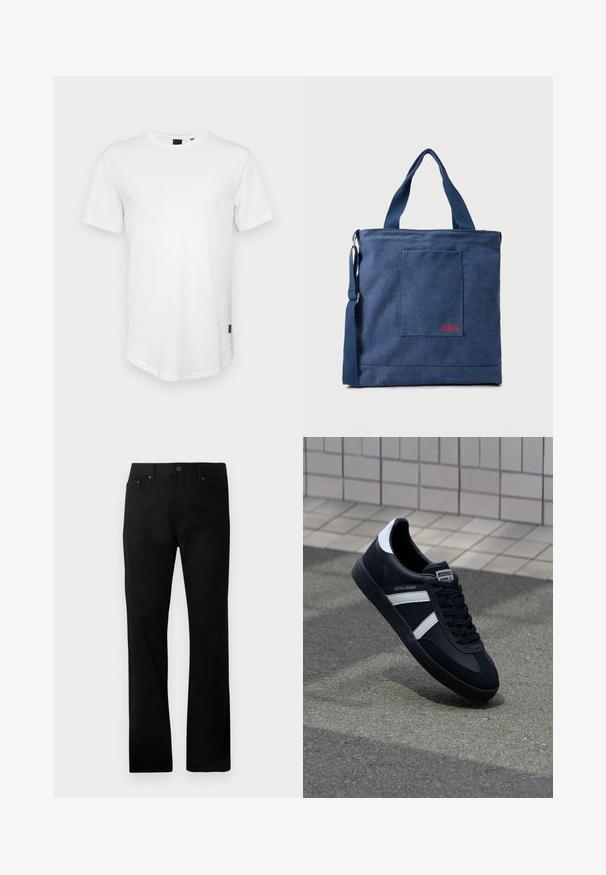 Hvid kortærmet t-shirt lavet af bomuld, med rund halsudskæring og en let forlænget ryg, samt en lille logoaccent på siden.; Sorte straight-leg jeans lavet af denim, med lukning foran med knap, to sidelommer og en glat overflade.; Sort lædersneaker med hvide striber, tekstureret gummisål og snørrebånd foran. Har et brandet mærke på tungen.; Blå lærredstote taske med frontlomme og rød "O.N.S" broderi, med to håndtag og en justerbar skulderrem.