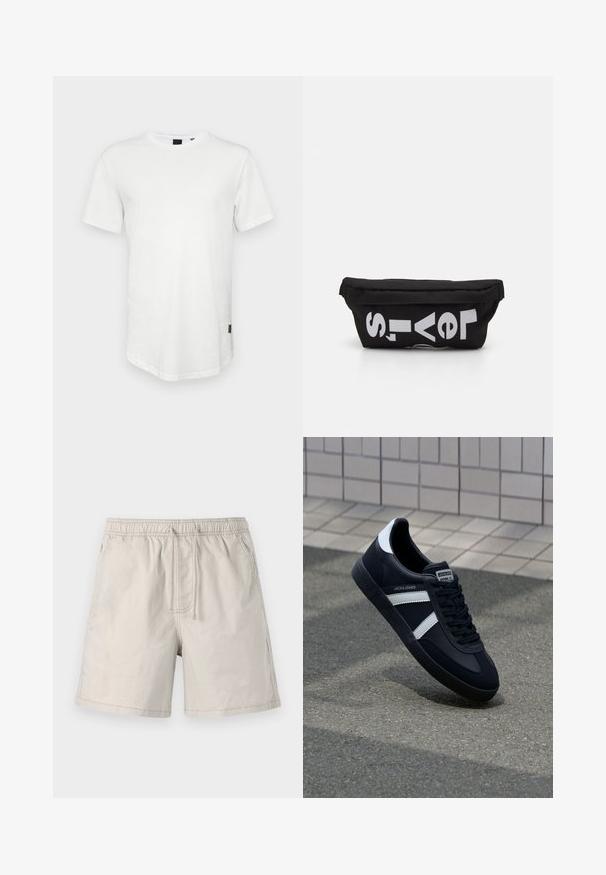 Weißes T-Shirt mit kurzen Ärmeln aus Baumwolle, mit Rundhalsausschnitt und einem leicht verlängerten Rückenteil, sowie einem kleinen Logo-Akzent an der Seite.; Beige Shorts aus leichtem Stoff, mit elasticem Taillenbund, Zugband und Seitentaschen mit kontrastierender Naht.; Schwarze Leder-Sneaker mit weißen Streifen, strukturiertem Gummisohle und Schnürung. Verfügt über ein Markenetikett auf der Zunge.; Schwarze Stofftasche mit flacher Form, mit fettgedrucktem weißen Text. Der Reißverschluss befindet sich oben, mit einer Schlaufe an einer Seite.