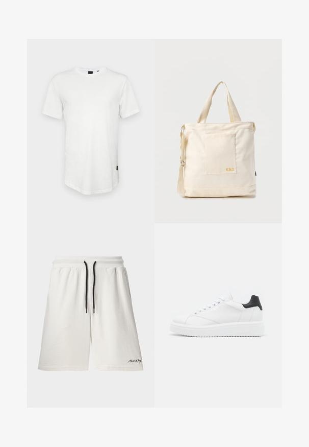 Camiseta blanca de manga corta hecha de algodón, con un escote redondo y una parte trasera ligeramente alargada, con un pequeño logotipo en el lateral.; Shorts de algodón blancos con cintura ajustable y detalles en negro. Presentan bolsillos laterales y un pequeño logo en el dobladillo. Textura suave.; Zapatilla de cuero blanca con un talón negro, cordones planos, entresuela texturizada y logotipo en el lado exterior. Diseñada para uso casual.; Bolsa tote de lona color crema con bolsillo delantero, dos asas, correa de hombro ajustable y pequeño texto amarillo "O.N.S" en la parte inferior derecha del bolsillo.