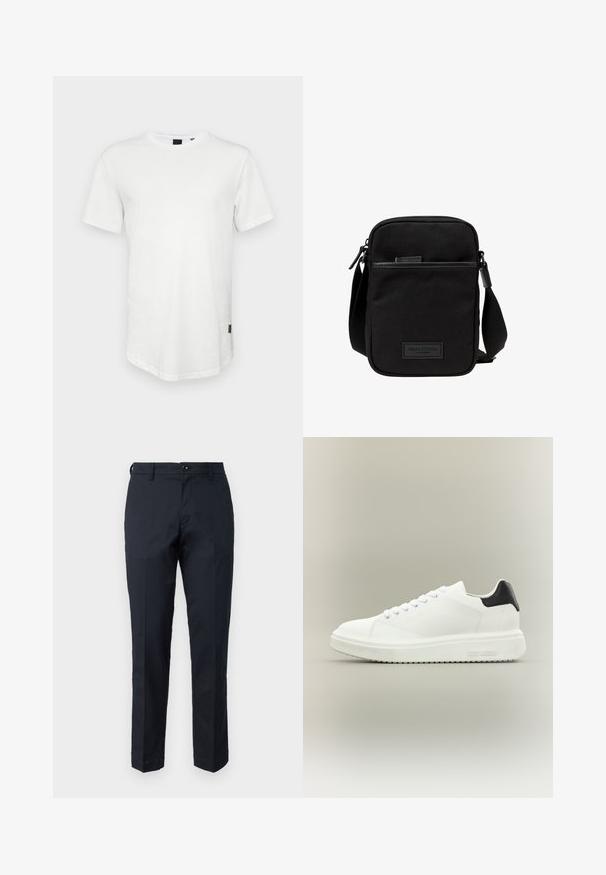 Camiseta blanca de manga corta hecha de algodón, con un escote redondo y una parte trasera ligeramente alargada, con un pequeño logotipo en el lateral.; Pantalones de color azul marino confeccionados en algodón con un diseño de pierna recta, bolsillos frontales y cierre de botón. Textura suave, sin patrones visibles.; Zapatilla blanca de caña baja con suela gruesa, cierre de cordones en la parte delantera y lengüeta negra en el talón, con la marca "Steve Madden" en la suela lateral.; Bolso cruzado de tela negra con un compartimento principal con cremallera, acentos de cuero, bolsillo frontal y strap ajustable. Logo de Marc O'Polo visible.