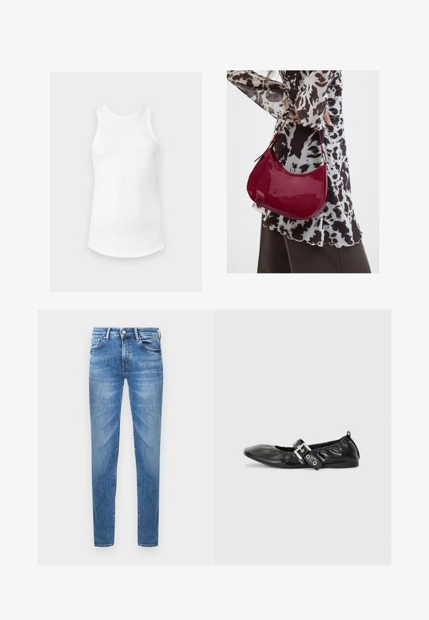 Weißes ärmelloses, geripptes Tanktop mit rundem Ausschnitt und geschwungenem Saum, dargestellt vor einem schlichten hellgrauen Hintergrund.; Hellblaue Jeans aus Denim im Slim-Fit. Merkmale sind ein Knopfverschluss, fünf Taschen und eine gewischte Textur an den Oberschenkeln.; Schwarze Leder-Ballerinas mit spitzem Zehenbereich, gerafften Details am Schaft und einem silbernen Schnallenakzent am verstellbaren Riemen.; Frau trägt eine schwarz-weiß gemusterte Bluse und hält eine glänzende rote Schultertasche vor einem einfarbigen Hintergrund.