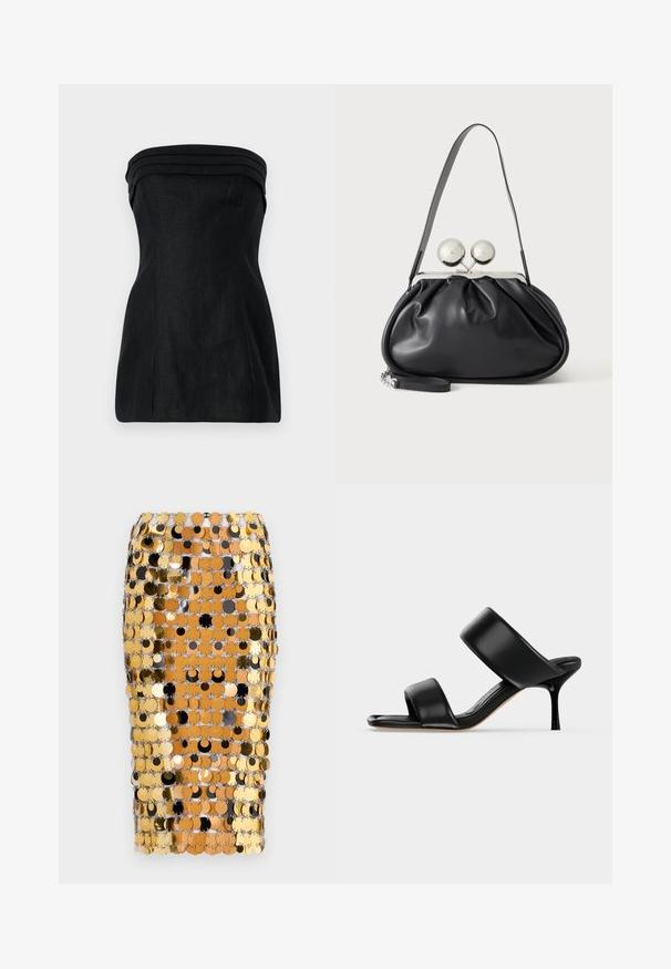Must mustriba top, mille struktureeritud lõikega, millel on kihilised aktsendid krae juures ja sile tekstuur. Sirge siluett, seam detailidega.; Rabanne Pliiatsseelik - brown/black; Mustast nahast mule-tüüpi sandaal kahe laia rihmaga ja õhukese keskmise kõrgusega kontsaga lihtsal heledal taustal.; Mustast nahast käekott kogutud disainiga, ühe rihmaga, hõbedase metallraamiga ja kahe suure ümmarguse hõbedase klambriga.