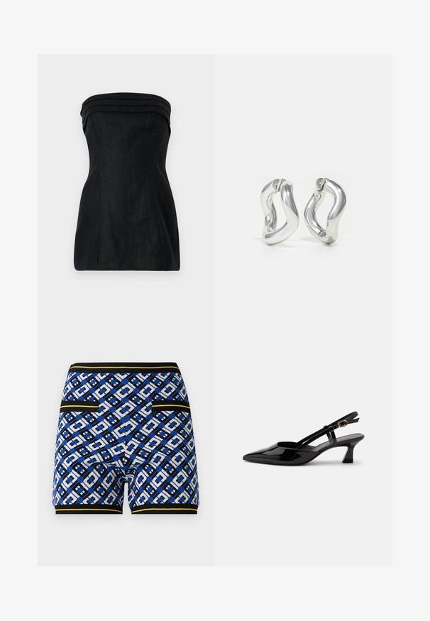 Top negro sin mangas con un corte estructurado, que presenta acentos en capas en el escote y una textura suave. Silueta recta con detalles de costura.; Bermudas tejidas con un diseño geométrico en azul, negro y blanco, con acentos amarillos en contraste y bolsillos en los laterales.; Zapato slingback de charol negro con tacón bajo, punta puntiaguda y correa ajustable con hebilla dorada sobre fondo blanco.; Pendientes de aro plateados con un diseño retorcido. Bordes redondeados y acabado brillante. Cierres abiertos para un fácil uso. Textura suave en toda la superficie.