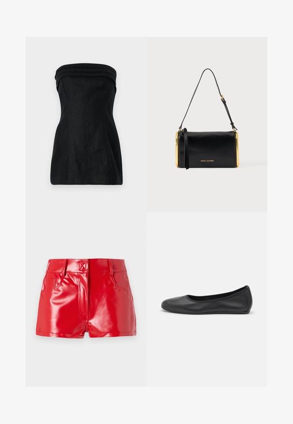 Zwarte strapless top met een gestructureerde pasvorm, met gelaagde accenten bij de halslijn en een gladde textuur. Rechte silhouet met naaddetails.; Rode faux leren shorts met een glanzende afwerking, met een hoge taille, zijzakken en stiksels. Gelaagd, aansluitend ontwerp.; Zwarte leren ballerina met een ronde neus, gladde textuur, minimale stikdetails en een flexibele zoolontwerp.; Zwarte leren Marc Jacobs schoudertas met gouden metalen framezijden en een verstelbare riem tegen een effen achtergrond.