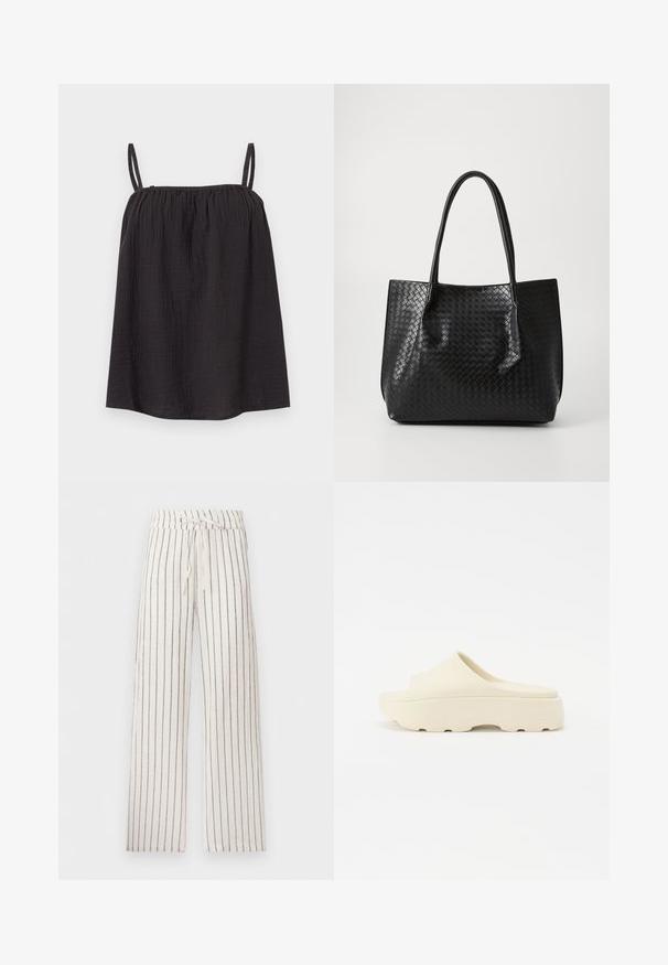 Top negro sin mangas para mujer con tirantes finos y escote fruncido, hecho de tela ligera y texturizada.; Pantalones blancos de pierna ancha con finas rayas verticales negras y cinturilla con cordón.; Sandalia beige sin correa con una superficie lisa similar al caucho, puntera redondeada, suela gruesa y fondo texturizado para un mejor agarre. Diseño minimalista.; Bolso tote de cuero trenzado negro con dos asas, forma estructurada y un sutil acabado brillante sobre un fondo claro.
