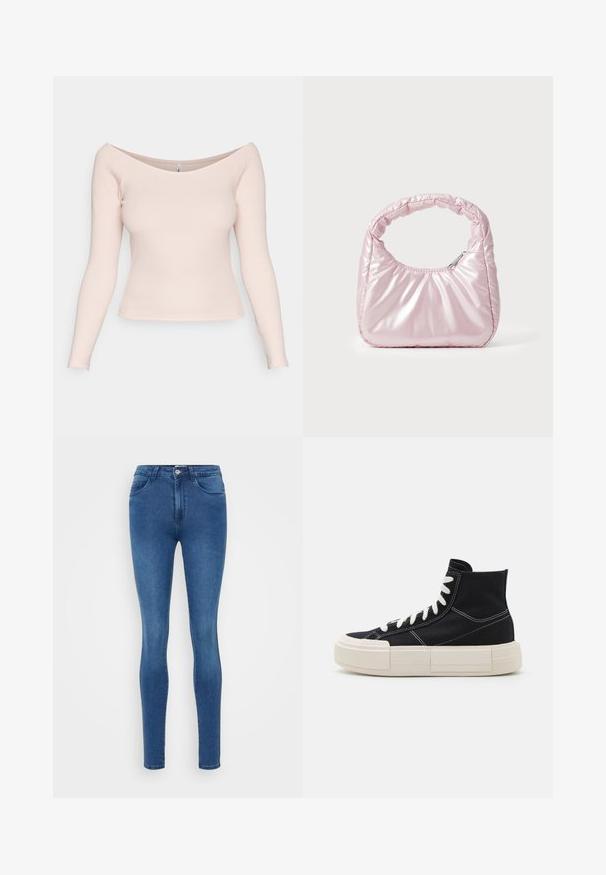Lyserød, ribbet langærmet top med off-the-shoulder halsudskæring og tætsiddende design. Glat tekstur; ingen synlige mønstre eller hardware.; ONLY ONLROYAL - Jeans Skinny Fit - dark blue denim; Sorte kanvas høj-top sneakers med hvide snørebånd, tyk creme sål, kontrasterende syninger og en rund tådesign.; Rosa, polstret håndtaske med afrundet design, lavet af skinnende materiale. Har et samlet håndtag og en lynlås til sikker adgang.