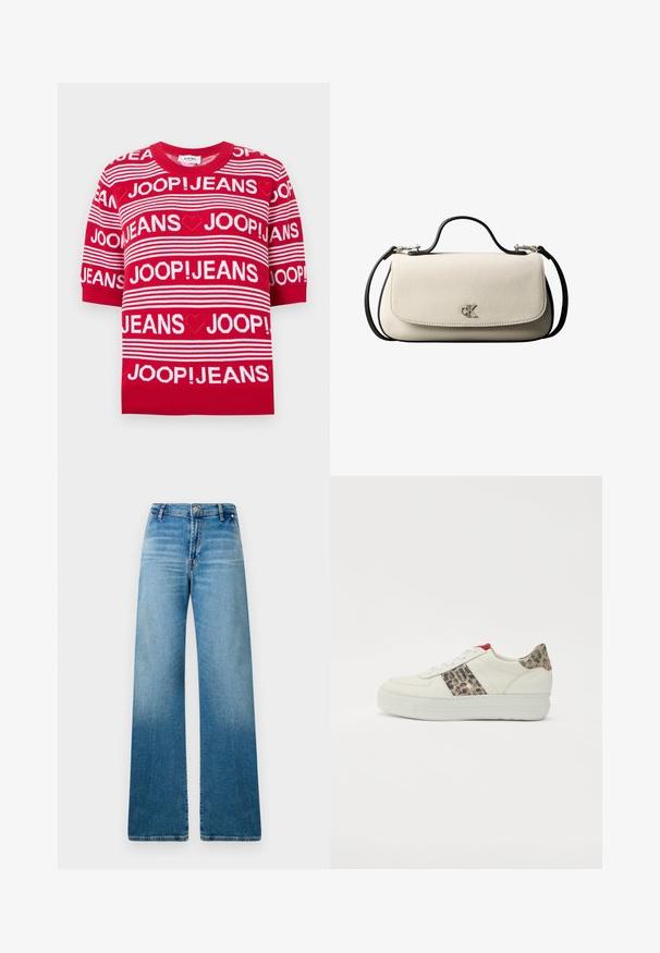 Rød strikket top med korte ærmer, hvide vandrette striber og gentagne "JOOP! JEANS"-tekster samt hjerte-symboler på front og ærmer.; Bredde jeans i lyseblå denim med klassisk fem-lomme design og en subtil gradient tekstur fra mørkere til lysere blå.; Hvide lædersneakers med et leopardmønstret accent på siden, rød hæl, flad sål og traditionelle snørebånd.; Cremefarvet rektangulær håndtaske med sort rem og håndtag, foran klaplukning samt lille sølvfarvet "cK" logo midt foran.