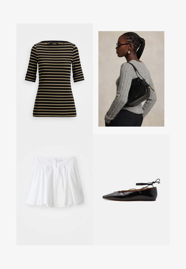 Gestreept zwart en goud kortmouwen top met een bootneck, featuring gelijkmatig verdeelde horizontale strepen en een aansluitend ontwerp.; Witte katoenen rok met een uitlopend ontwerp, voorzien van een knoopsluiting aan de voorkant en subtiele plooien bij de taille voor extra vorm.; Zwarte lakleren platte schoen met puntige neus, veterdetail en enkelbandje, getoond op een witte achtergrond.; Vrouw met gevlochten haar en bril, die een grijze kabeltrui draagt en een zwarte leren schoudertas met gouden details draagt.