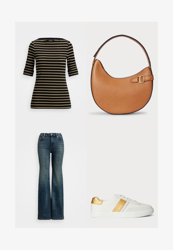 Haut à manches courtes noir et or à rayures avec un col bateau, présentant des rayures horizontales régulièrement espacées et une coupe ajustée.; Jean en denim bleu évasé avec taille haute, comportant cinq poches et des accents de couture. Le tissu a une texture décolorée classique.; Baskets blanches en matériau synthétique, avec une bande et un accent de talon dorés métalliques, dotées d'une semelle en caoutchouc texturé.; Sac hobo en cuir marron avec une forme courbée, une sangle réglable et des accents en métal doré. Présente une texture lisse et mate.