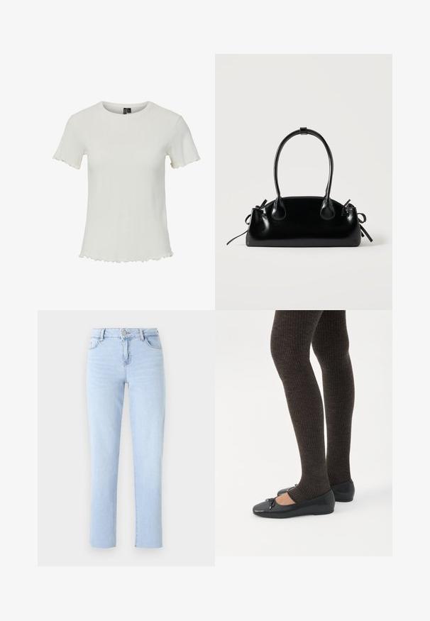 Hvid kortærmet top med ribbet struktur, rund halsudskæring og bølgede kantdetaljer, designet til en tætsiddende silhuet.; Lyseblå lige ben jeans lavet af denim, med en standard talje, fem lommer og subtile sømdetaljer.; Ben iført mørke ribbede leggings kombineret med sorte balletsko med små sløjfedetaljer på hvid baggrund.; Lille sort blank håndtaske med to lange håndtag og snøre-detaljer i siden på en ensfarvet lys baggrund.