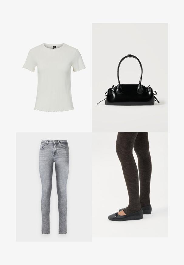 Hvid kortærmet top med ribbet struktur, rund halsudskæring og bølgede kantdetaljer, designet til en tætsiddende silhuet.; Grå denim skinny jeans med høj talje, fem lommer og subtil lysning over det hele. Har lynlås og knaplukning.; Ben iført mørke ribbede leggings kombineret med sorte balletsko med små sløjfedetaljer på hvid baggrund.; Lille sort blank håndtaske med to lange håndtag og snøre-detaljer i siden på en ensfarvet lys baggrund.