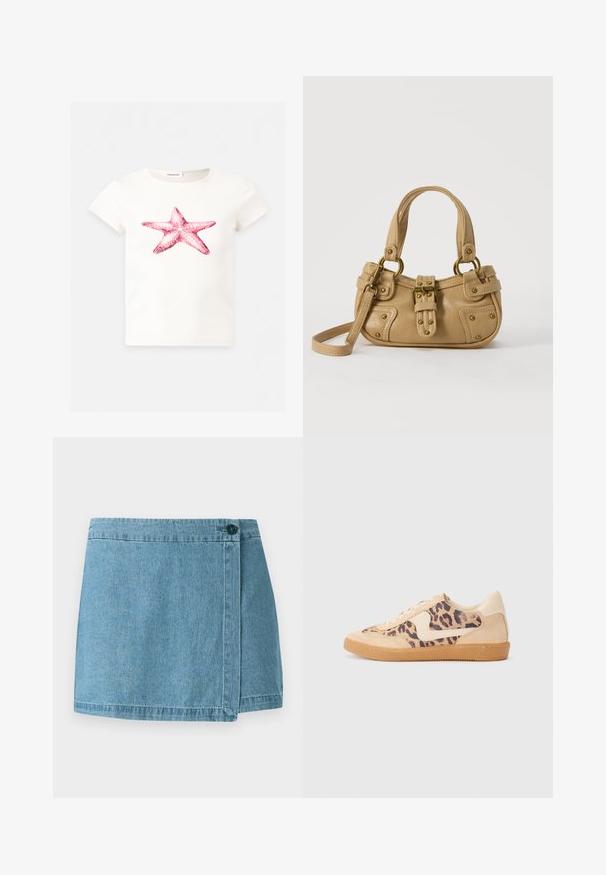 Hvid T-shirt med korte ærmer med en stor lyserød søstjerne grafik centreret foran.; Denim nederdel i lyseblå, med et omslag-design, en enkelt knaplukning og en syet kant. Glat tekstur uden mønstre.; Leopardprint sneakers med beige ruskindsoverdel, tan gummisål og hvide detaljer. Rund pegefinger og snørebåndsdesign med en tekstureret finish.; Beige læderhåndtaske med dobbelte håndtag, messing spænde og nitte detaljer samt en justerbar skulderrem mod en hvid baggrund.