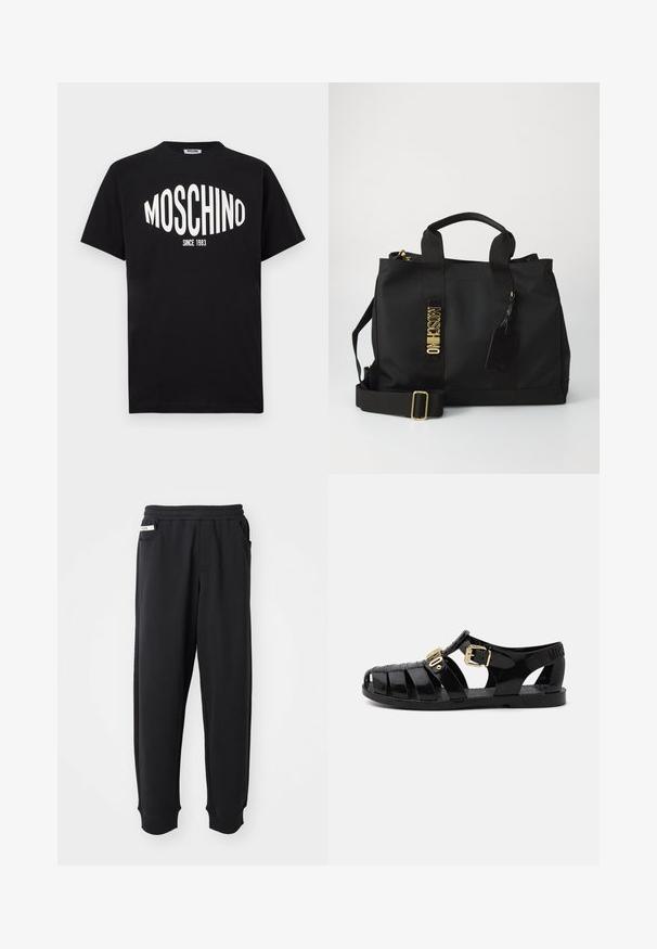 Μαύρο βαμβακερό t-shirt με μεγάλο λευκό λογότυπο "MOSCHINO" και κείμενο "SINCE 1983", με κλασικό στρογγυλό λαιμό και κοντά μανίκια.; Μαύρο παντελόνι φόρμας από μαλακό ύφασμα, με ελαστική μέση, πλάγιες τσέπες και ριμπ μανσέτες στους αστραγάλους. Μινιμαλιστικός σχεδιασμός.; Μαύρες καουτσούκ σαγιονάρες με σχέδιο κοπής, διαθέτοντας χρυσό κούμπωμα και υφή στη σόλα. Σφραγισμένο λογότυπο στη φτέρνα.; Μαύρη τσάντα tote Moschino με διπλούς χειρολαβές, ρυθμιζόμενο λουρί ώμου, χρυσά γράμματα λογοτύπου και προσαρτημένη μαύρη ετικέτα αποσκευών σε απλό φόντο.