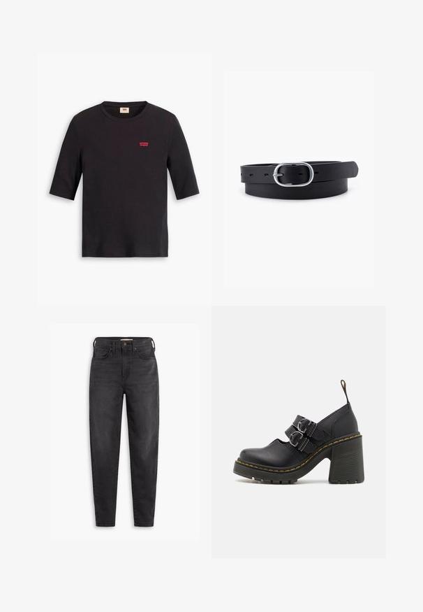 Schwarzes Baumwoll-T-Shirt mit rundem Ausschnitt und kurzen Ärmeln. Mit einem kleinen roten Levi's-Logo auf der Brust. Weicher Stoff.; Schwarze hochgeschnittene Slim-Fit-Jeans mit Vorder- und Gesäßtaschen, Knopfverschluss und Gürtelschlaufen, auf einem weißen Hintergrund präsentiert.; Schwarze High Heels mit einer strukturierten Sohle, ausgestattet mit zwei silbernen Schnallen, gelben Nähten und einer Schlaufe hinten für einfaches Anziehen.; Schwarzer Leder Gürtel mit glatter Textur, ovaler silberner Metallschnalle und mehreren Einstelllöchern entlang des Riemens. Flaches, minimalistisches Design.
