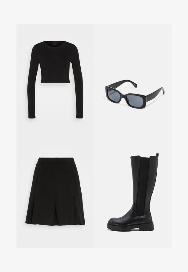 Gina Tricot LONGSLEEVE - Langærmet T-shirt - black; Even&Odd by Zalando Mini skirts - black; Even&Odd by Zalando Plateaustøvler - black; Sorte rektangulære solbriller med mørkt tonede linser, tyk plastramme og brede stænger. Glat overflade og kantet design.