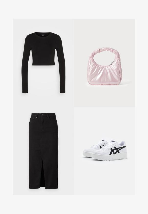 Gina Tricot LONGSLEEVE - Longsleeve - black; Zwarte denimrok met een split aan de voorkant, high-waisted ontwerp en traditionele vijfzakkenstijl. Gladde textuur en klassieke snit.; Witte sneakers met een textuur oppervlak, zwarte zijstrepen en een dikke witte zool. Heeft een vetersluiting en een logo op de tong.; Roze, gevoerde handtas met een afgeronde vorm, gemaakt van glanzend materiaal. Beschikt over een geplooide handgreep en een ritssluiting voor veilige toegang.