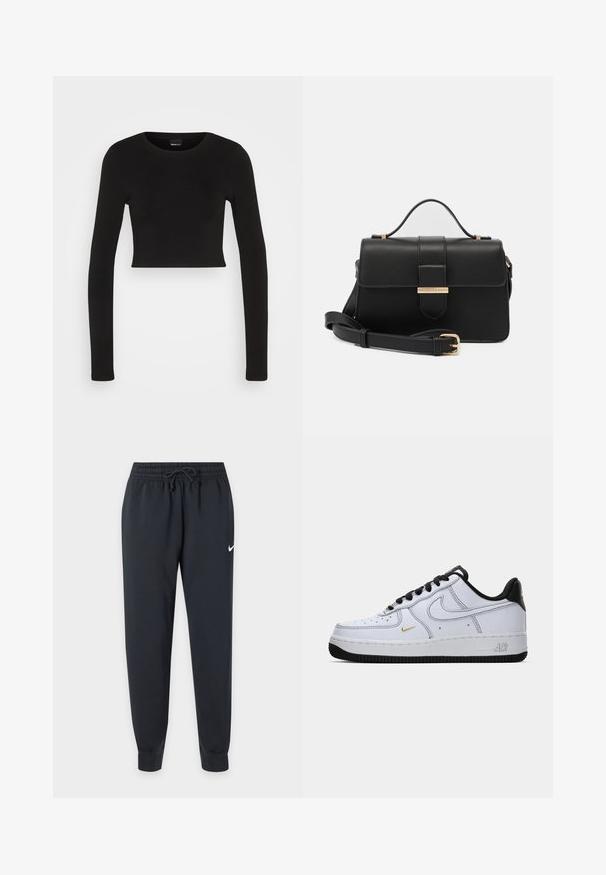 Gina Tricot LONGSLEEVE - Langærmet T-shirt - black; Sorte Nike joggingbukser med elastisk talje og snøre, tilspidsede ben, manchetter ved anklerne og lille hvid Nike swoosh på højre lår.; Hvide lav-top Nike Air Force 1 sneakers med sort sål, sorte snørebånd, sort hæl og lille gul swoosh på siden.; Sort læderhåndtaske med gyldne metalaccenter, rektangulær form, flaplukning, justerbar skulderrem, glat tekstur, minimalistisk design.