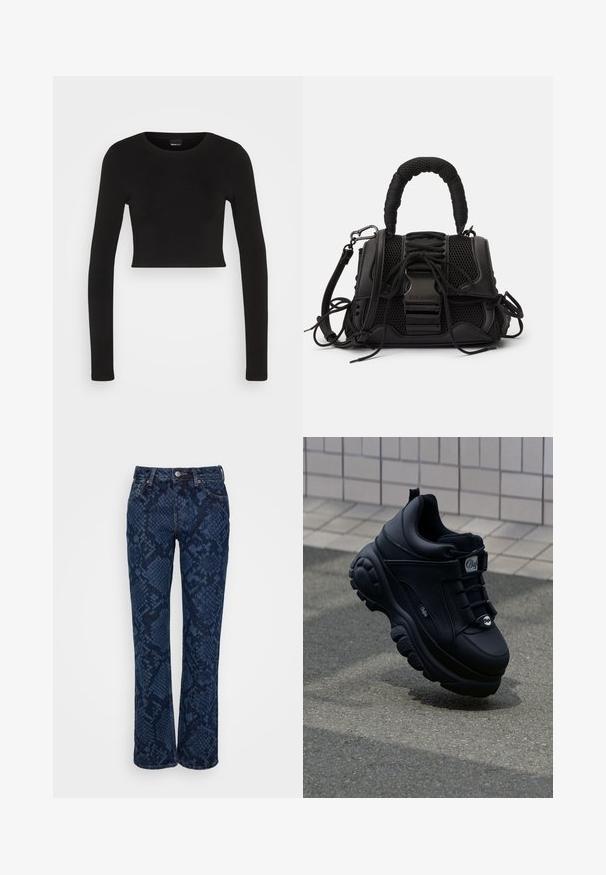 Gina Tricot LONGSLEEVE - Top s dlhým rukávom - black; Weekday PIN SNAKE LASER - Džínsy s rovným strihom - nobel blue; Čierne robustné tenisky s hladkým koženým povrchom, viazaním vpredu, pohodlnou podrážkou a embosovaným logom na boku. Viditeľná textúrovaná podrážka.; Čierna kabelka s mriežkovým exteriérom, tkanou rukoväťou a dekoratívnym šnurovaním. Obsahuje odnímateľný popruh a kontrastné kovové akcenty.