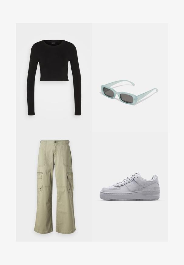 Gina Tricot LONGSLEEVE - Top s dlhým rukávom - black; Khaki cargo nohavice s uvoľneným strihom, ktoré majú dve bočné vrecká, predné zapínanie na gombík a široké nohavice. Bavlnená tkanina s hladkou textúrou.; Šedé tenisky Nike Air Force 1 s perforovanou špičkou, hladkým koženým zvrškom, hrubou podrážkou a embosovaným detailom 'AIR' na päte.; Párik obdĺžnikových slnečných okuliarov s svetlomodrými priehľadnými rámami a tmavosivými sklami, s rovnými stranami a minimálnymi hardvérovými detailmi.