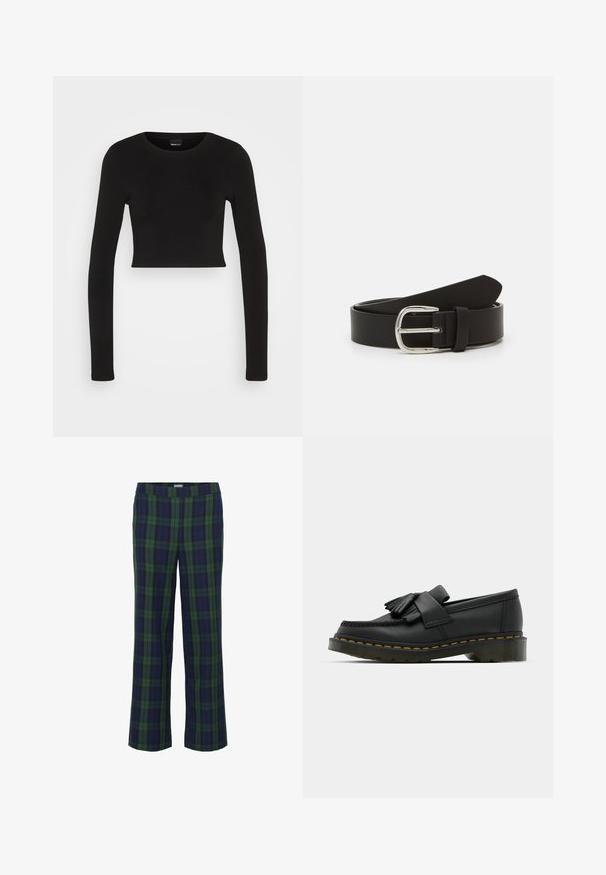 Gina Tricot LONGSLEEVE - Camiseta de manga larga - black; Pantalones a rayas en verde y azul marino con un diseño de pierna recta y una cintura elástica. La tela tiene una textura suave y presenta un clásico patrón de cuadros.; Mocasines de cuero negro con punta redonda, que presentan un detalle de flecos y una banda decorativa en la parte frontal, montados sobre un tacón grueso.; Cinturón de cuero negro con una textura suave, que presenta una hebilla de metal plateada y un extremo estrechado. Diseño simple y clásico.